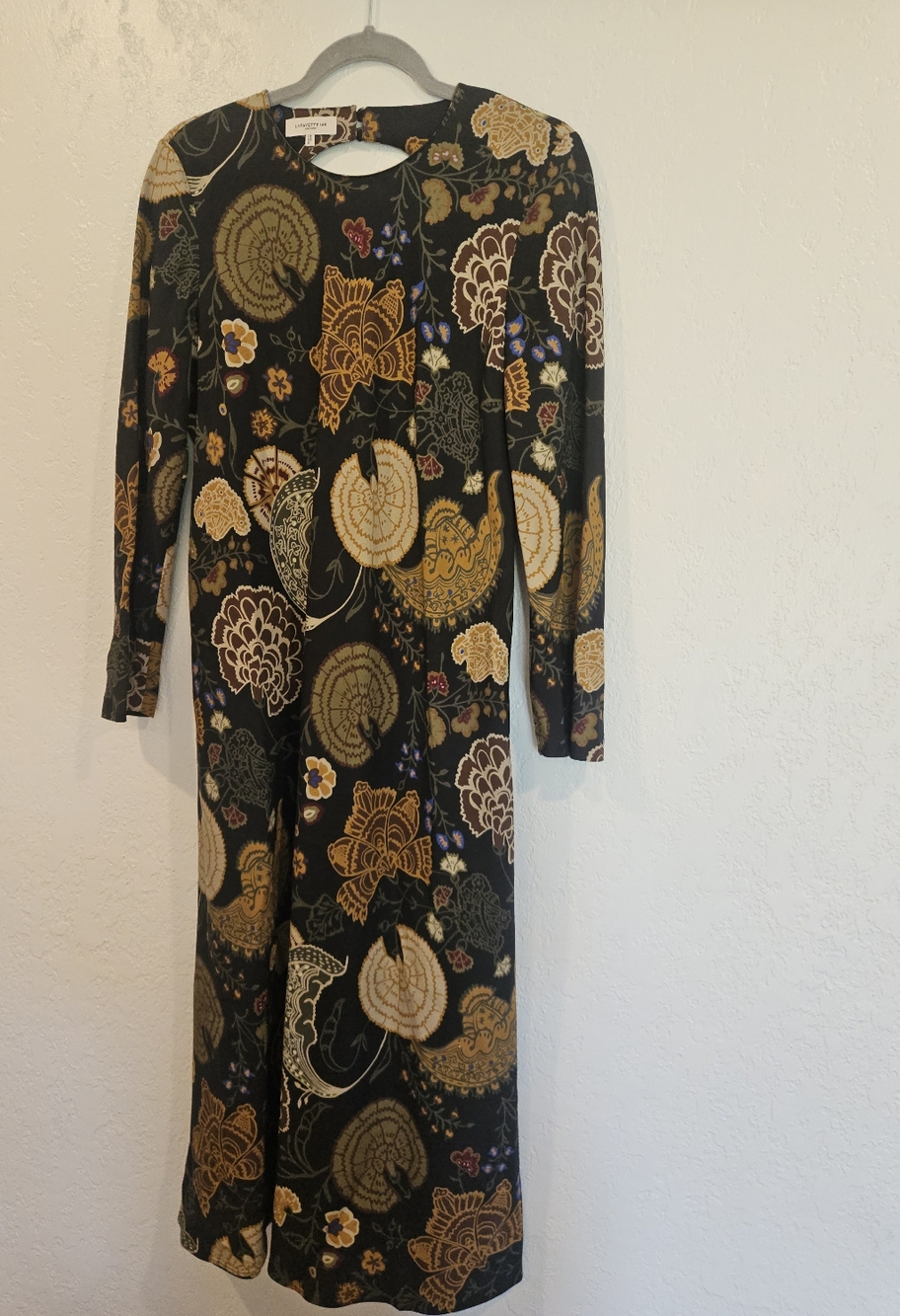 La Fayette 148 Printed Midi Flare Dress Womens Size 6 Back Cut Out Long Sleeve.